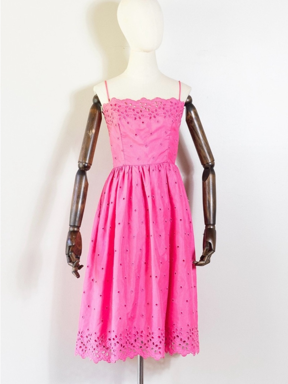 1970s Neiman Marcus Pink Eyelet Midi Dress